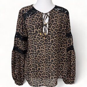 Michael Kors Leopard Lace Embellished V-Neck Tie Front Long Sleeve Blouse (S)
